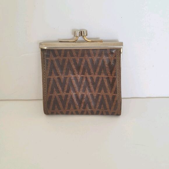 Valentino Vintage Kisslock Canvas Leather Coin Wallet Mini Small Purse Brown 2x2 - Picture 2 of 8